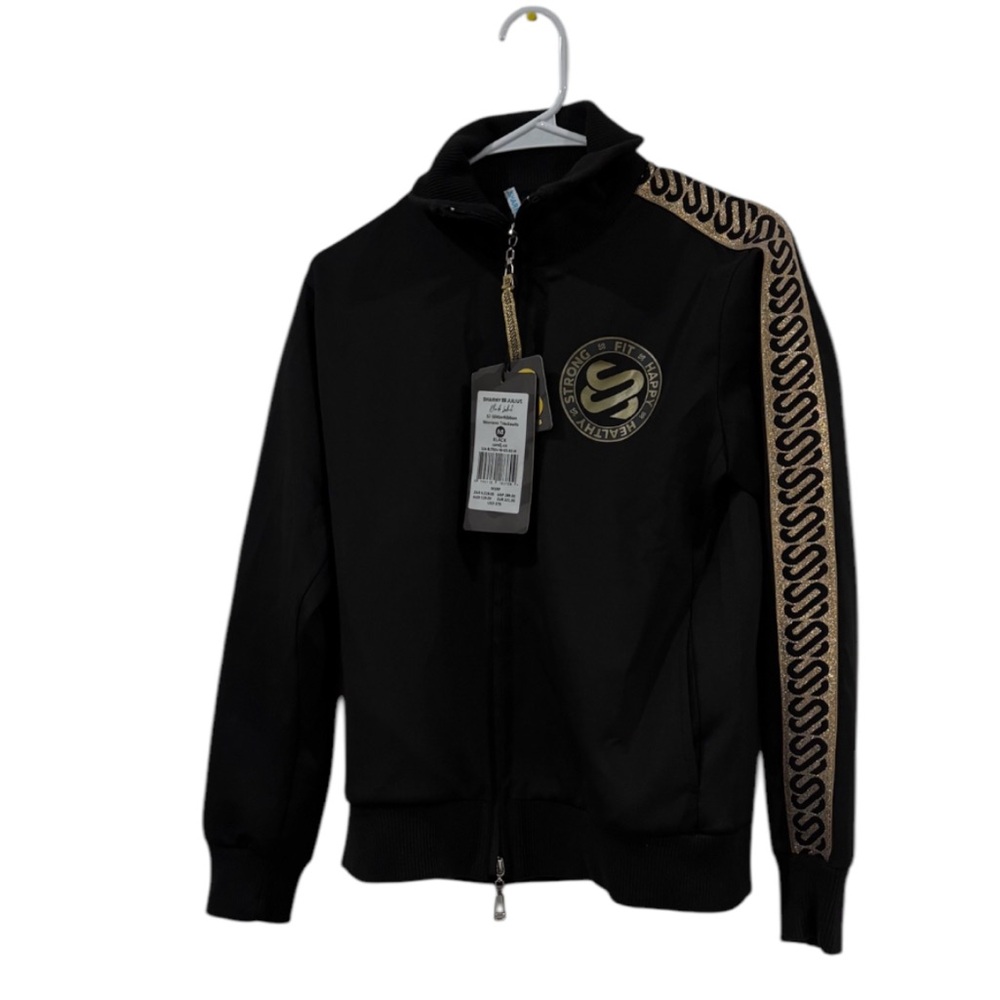 Black and Gold Bomber Jacket with Geometric Sleeve Detail